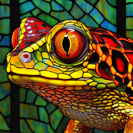 a colorful chameleon in a stained glass windowの素材