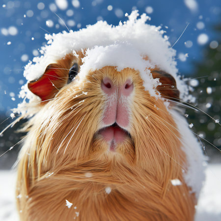 guinea pig in the snow on a background of a winter forestの素材