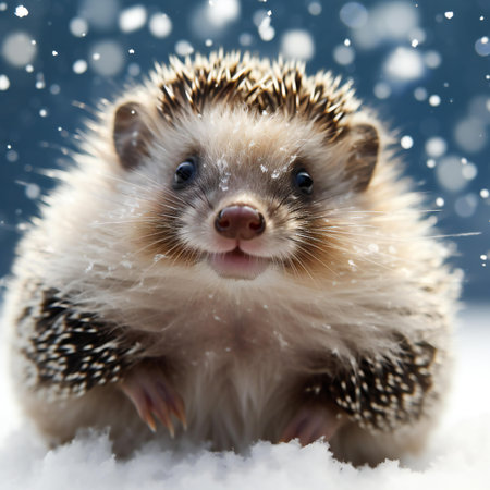 Hedgehog in the snow on a background of a winter landscapeの素材