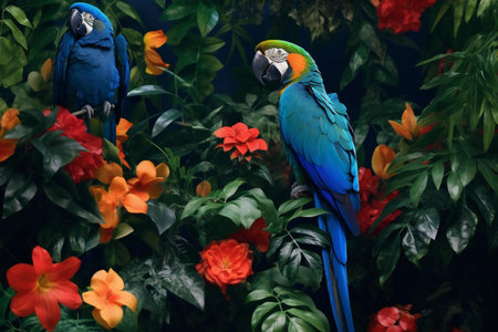 Beautiful macaw parrots on a background of tropical flowers.の素材