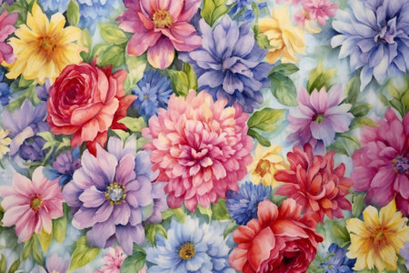 Watercolor floral background with dahlias and flowers. Handmade.の素材