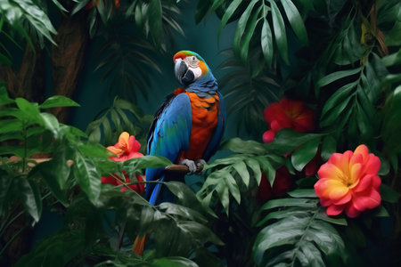 Colorful macaw parrot sitting on a branch among tropical leavesの素材