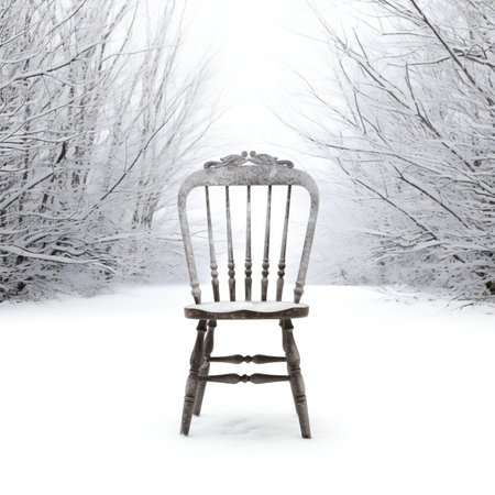 Wooden chair in the winter forest covered with snow and hoarfrostの素材