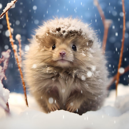 Cute little Pomeranian puppy in winter forest with snowfallの素材