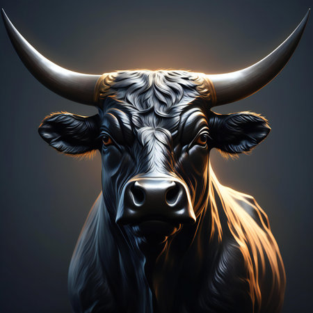 Bull head with horns on a dark background.の素材