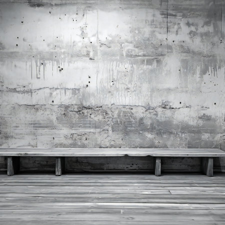 Empty wooden bench in front of a concrete wall with copy space.の素材