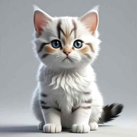 Cute siberian kitten sitting on gray background, front viewの素材