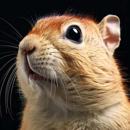 Close-up of a squirrel on a black background. Studio shot.の素材