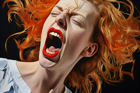 Portrait of a beautiful red-haired girl with an open mouth.の素材