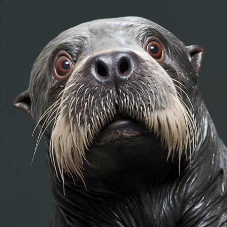Close-up portrait of a sea otter, isolated on gray backgroundの素材