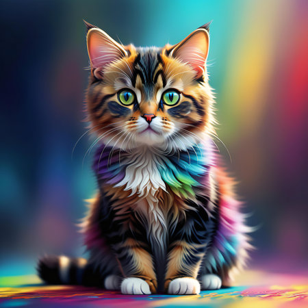 Siberian kitten sitting on a colorful background.の素材