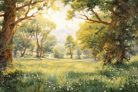 Digital painting of a sunny meadow with trees and flowers in the foregroundの素材