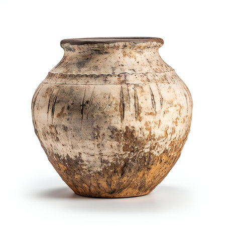 Old clay vase isolated on white background.の素材