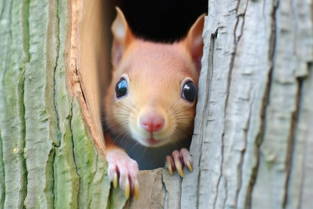 Squirrel peeking out of a hole in a tree trunk.の素材
