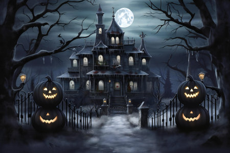Halloween background with haunted house and pumpkins.の素材
