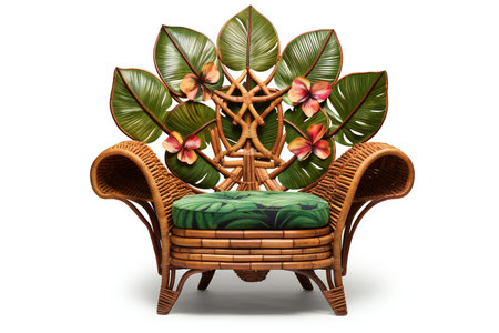Illustration of a wicker chair with tropical leaves on a white backgroundの素材