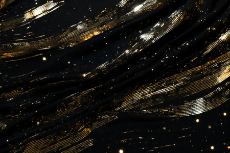 Luxury black background with golden sequins and sparkles.の素材