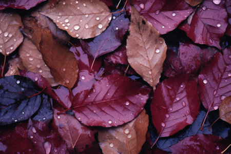 Autumn leaves with water drops, close-up. Natural backgroundの素材