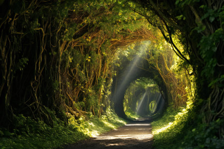Sunlight in the tunnel of trees in the rainforest of Hawaiiの素材