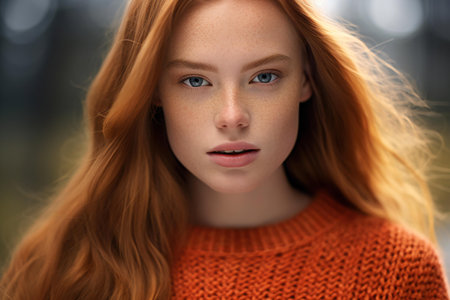 Close-up portrait of a beautiful redhead girl with freckles on her face in a knitted sweater.の素材