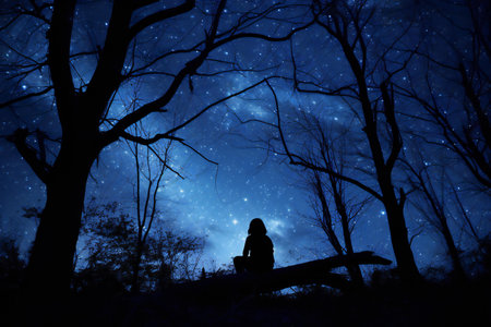 Silhouette of woman sitting on fallen tree in forest at nightの素材