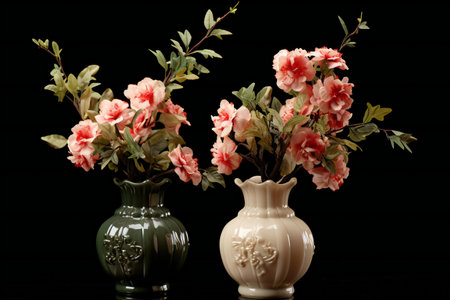 Bouquet of artificial flowers in vases on a black backgroundの素材