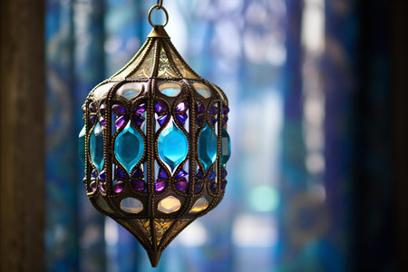 Colorful Arabic lantern hanging on the window. Ramadan Kareem backgroundの素材
