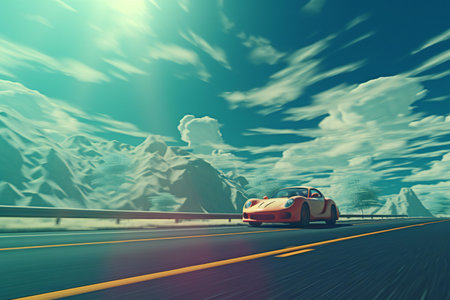 3D rendering of a red sports car driving on a highway.の素材