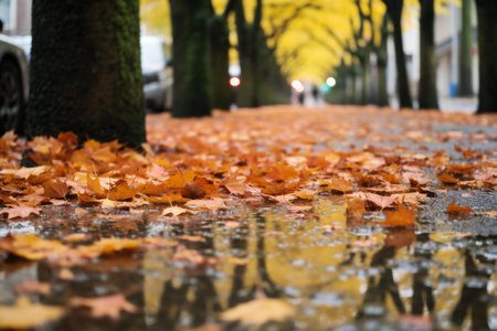 Autumn leaves on a puddle in the city. Autumn landscape.の素材