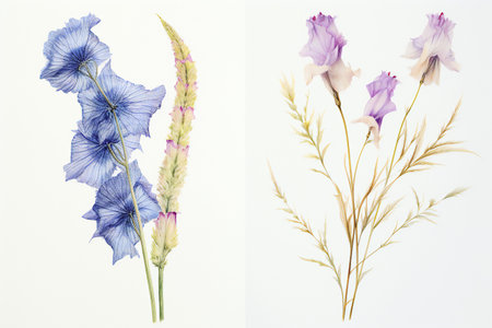 Blue iris flowers isolated on a white background. Watercolor illustration.の素材