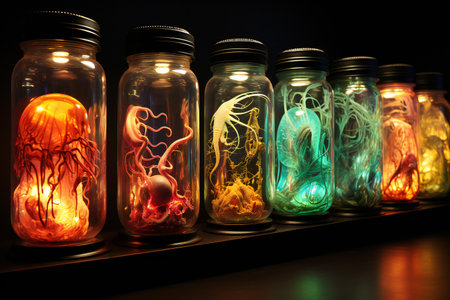 Human kidney in a glass jar with colored light inside, close upの素材