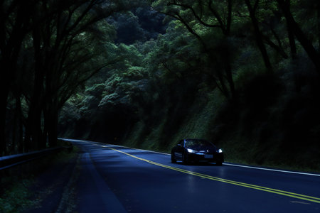 Car driving on the road in the forest at night with motion blurの素材
