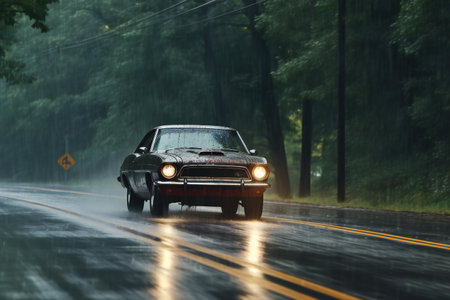 Old car driving on wet road in rainy day, motion blur.の素材