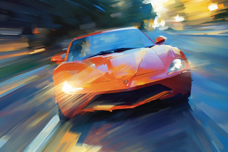 Abstract image of an orange sports car in motion. Digital painting.の素材
