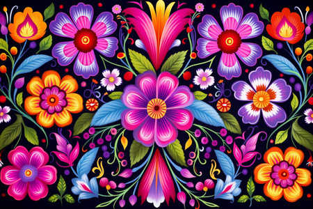 Russian folk embroidery. Bright colorful flowers and leaves on a dark backgroundの素材