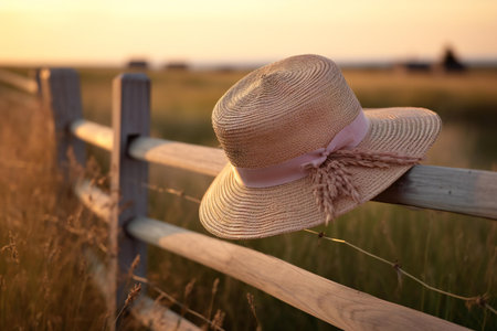 Beautiful straw hat on wooden fence in field at sunset, closeupの素材