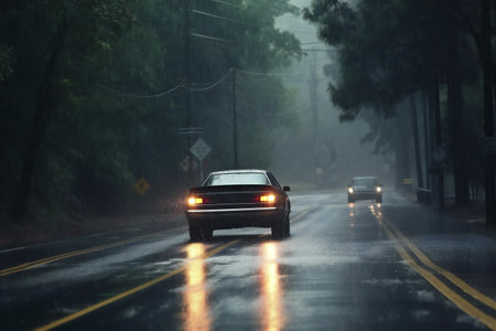 View on the road in the middle of the forest during a rain storm.の素材
