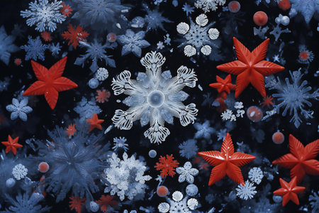 Winter background with snowflakes and red stars.の素材