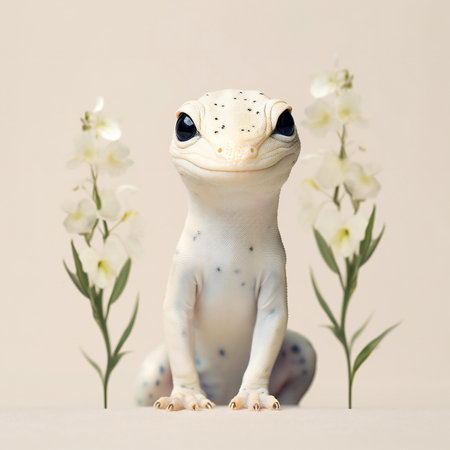 Leopard gecko with orchid flowers on a beige backgroundの素材