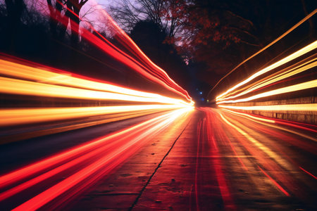 car light trails on the road in the city at night. long exposureの素材