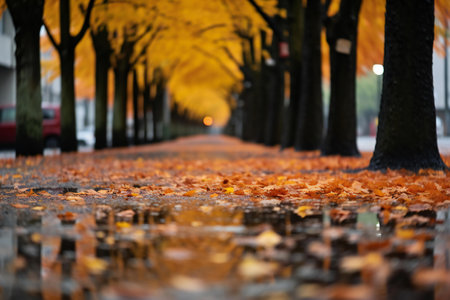 Autumn in the city. Fallen leaves on the road in autumn.の素材