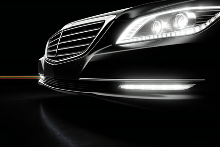 Modern car headlight on a black background.の素材