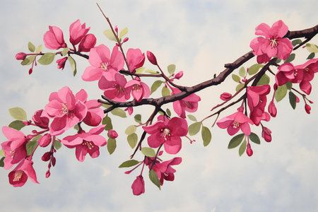 blossoming branch of cherry with pink flowers on blue sky backgroundの素材