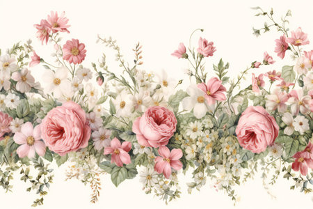 Vintage floral background with pink roses and gypsophila flowersの素材