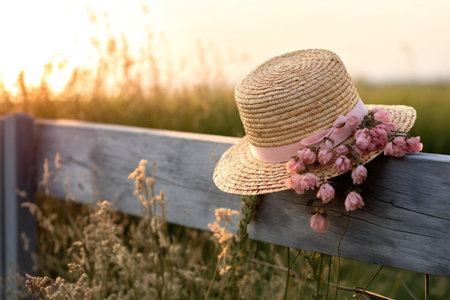 Straw hat with pink flowers on wooden fence in field at sunsetの素材