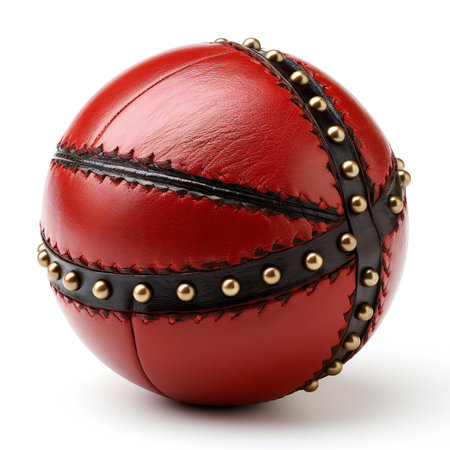 Red leather basketball ball with belt isolated on white background.の素材