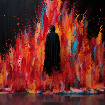 Silhouette of a man in a black cloak on fire backgroundの素材