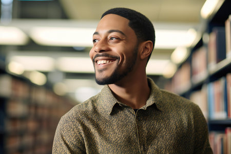 Portrait of a smiling african american man in a libraryの素材