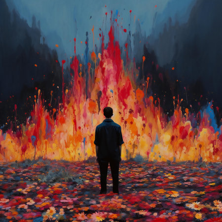 Man in a suit standing in the autumn forest and looking at the fireの素材