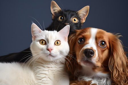 Three cats and a dog together on a blue background. Close-up.の素材